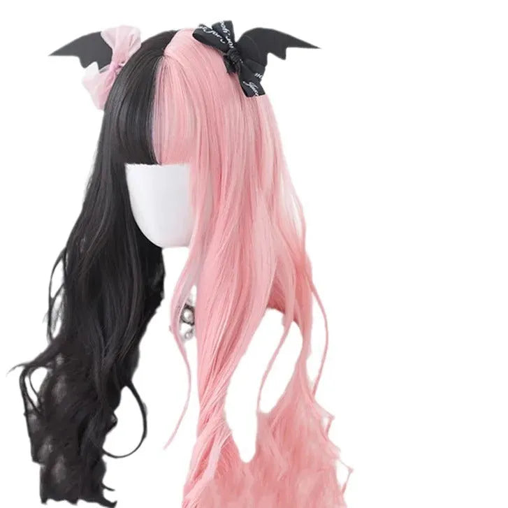Harajuku Lolita wig with long black and pink curly hair and fringe bangs for cosplay
