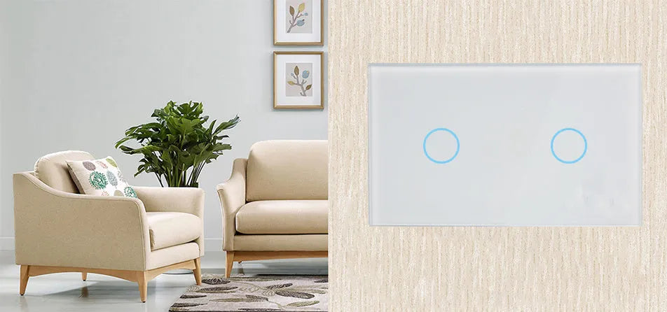 Tempered glass 2-gang touch light switch with RF remote control in black, white or gold finish