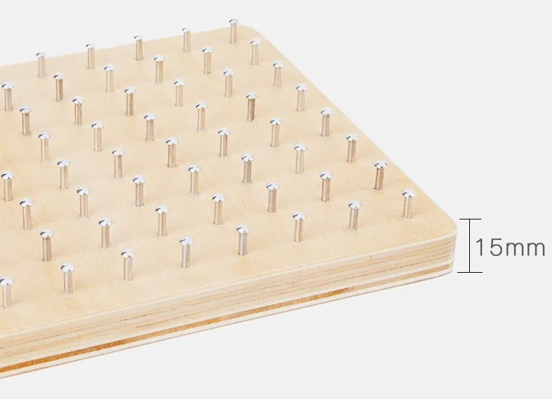 Yellow wooden Montessori nail plate 15x15x2cm on a flat surface