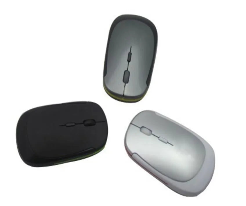 2.4G wireless optoelectronic mouse with slim design in black, showing three buttons and USB receiver slot