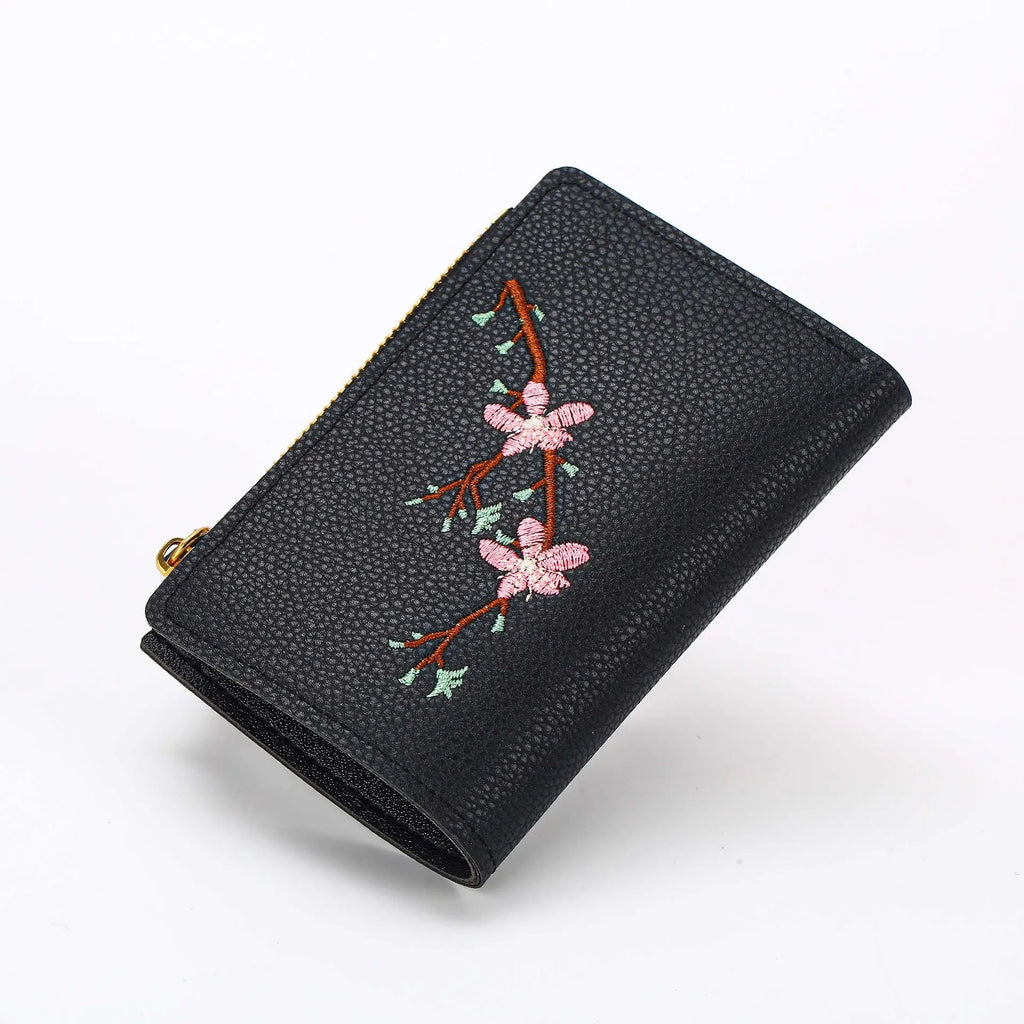 Lady's small wallet short style floral print PVC money holder in black with PU lining