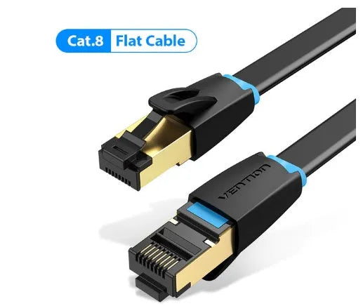 Shielded CAT8 Ethernet network cable with RJ45 plugs in choice of flat or round style, multiple lengths