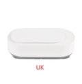 White portable ultrasonic cleaner with stainless steel tank and touch button.