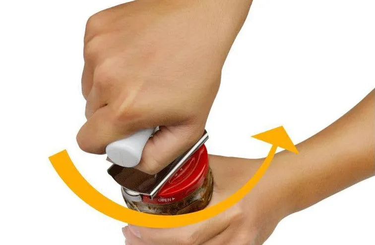 White adjustable stainless steel bottle opener with PP handle showing gear mechanism