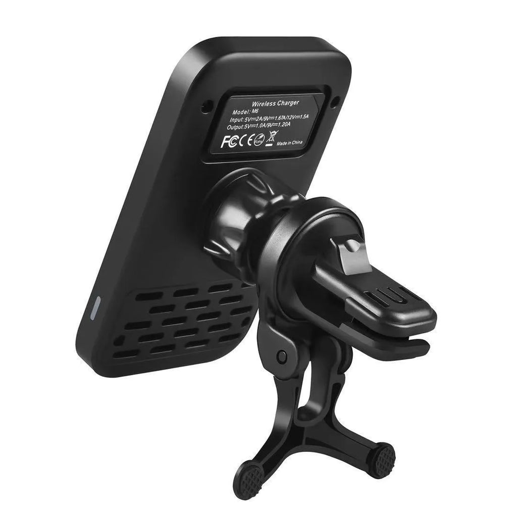 Black M6 magnetic wireless car charger bracket mounted in vehicle