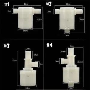White nylon automatic float valve with multiple thread size options for water tanks.