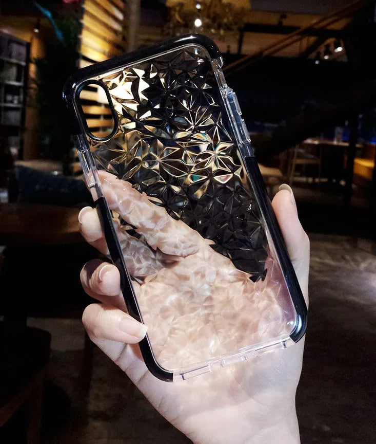 TPU iPhone back cover case with striped pattern, shown in black, pink, and white border colour options.