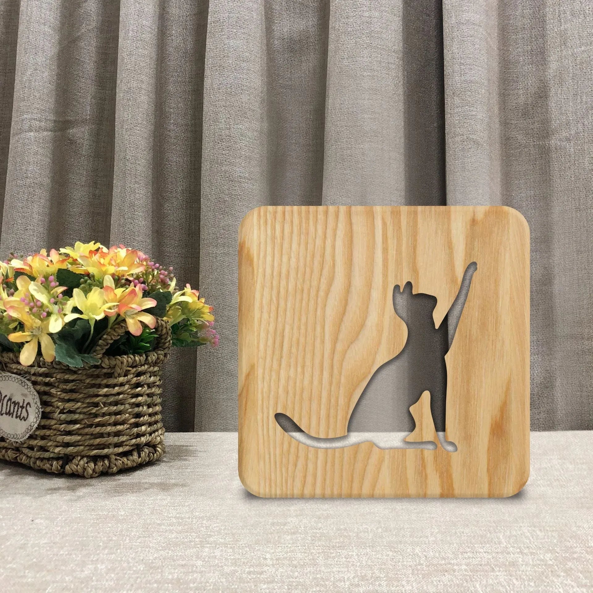 Solid wood cat 3D night light with hollow silhouette, USB power cord, pastoral design style