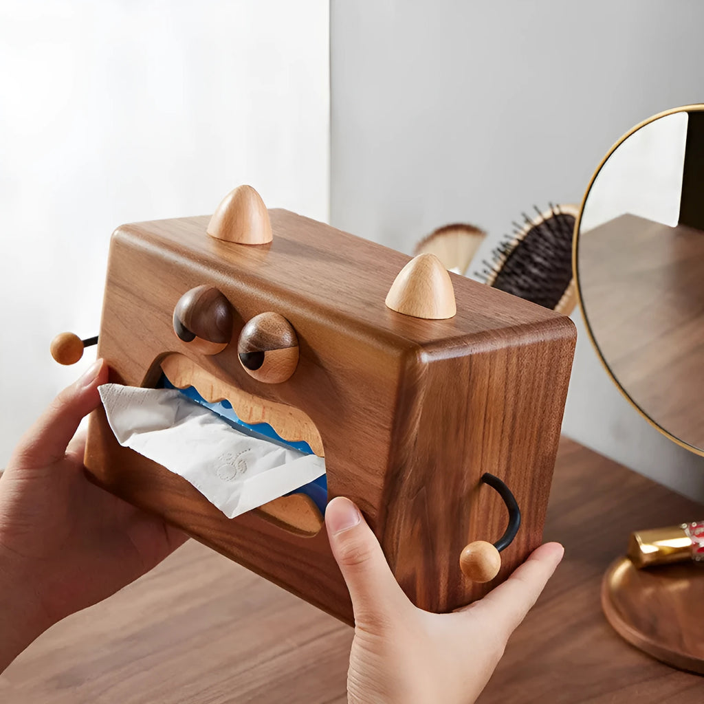 Solid wooden tissue box cover with cartoon monster carving in natural beech finish