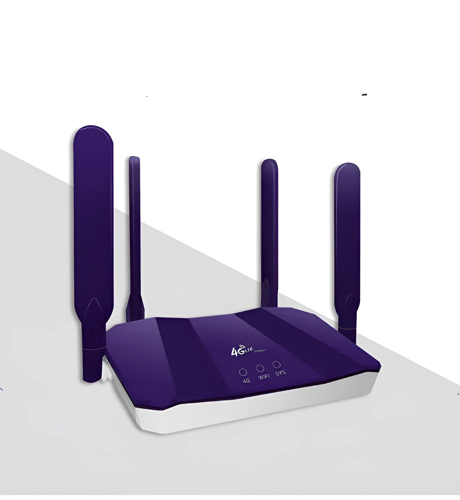 Blue 4G all-netcom dual-mode router with four antennas on a desk.