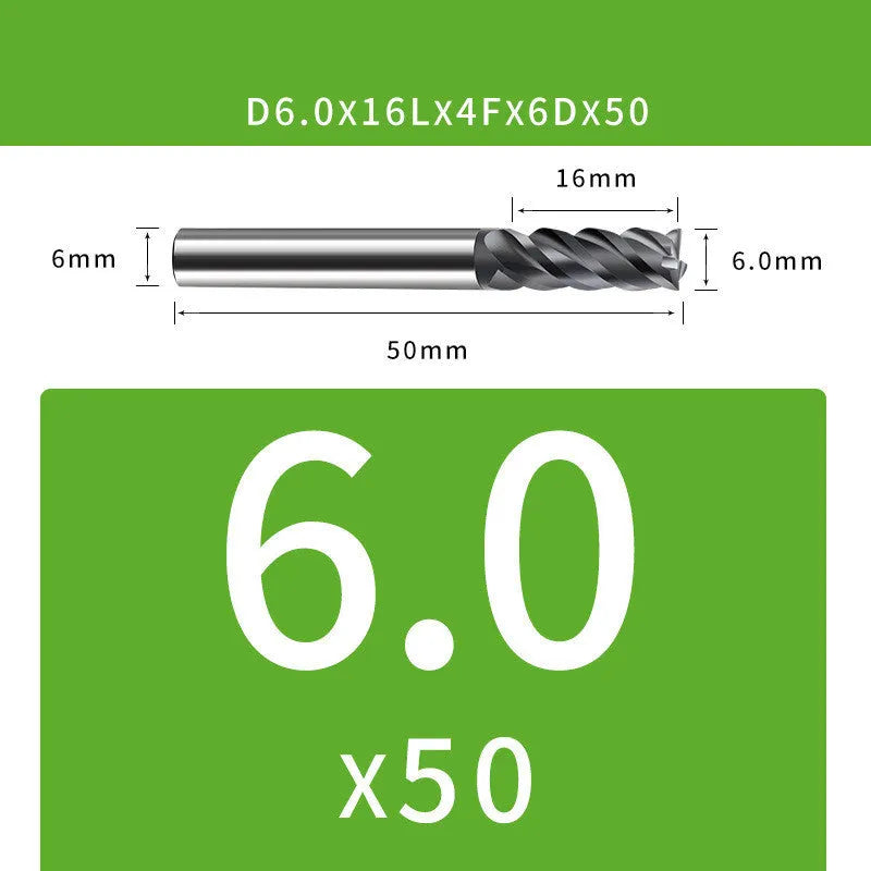 4-blade tungsten steel end mill showing cutting edges and diameter markings