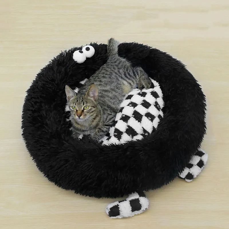 Long plush pet nest bed for small medium dogs in black, pink, or yellow with raised rim and three size options