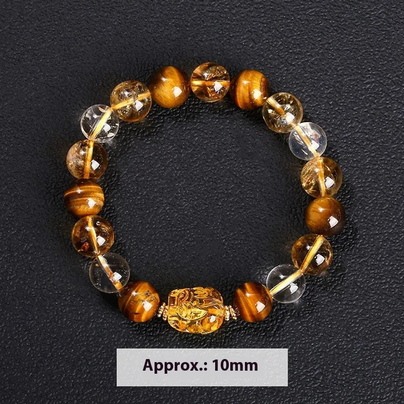 Yellow tiger's eye and citrine gemstone bracelet with 10mm round beads and a silver steel Pi Xiu charm.