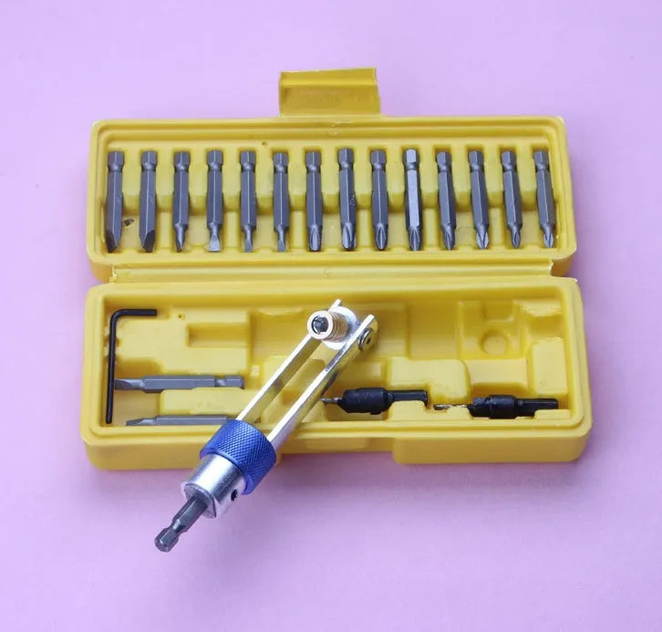 Half Time Drill quick change adapter with swivel head, 18 drill bits, and 2 countersink bits for woodworking