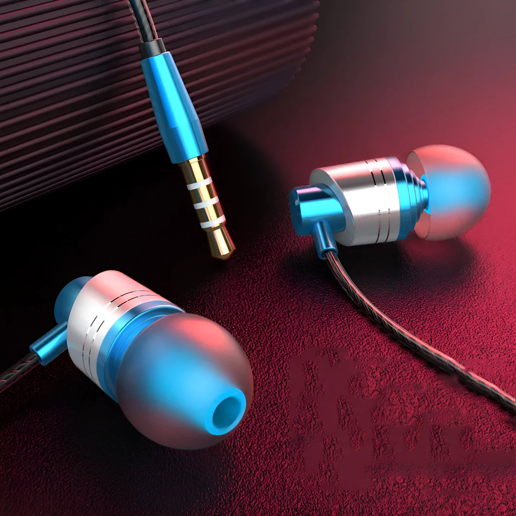 Wired in-ear earphones with 3.5mm plug, inline microphone, and choice of black, blue or red housings.