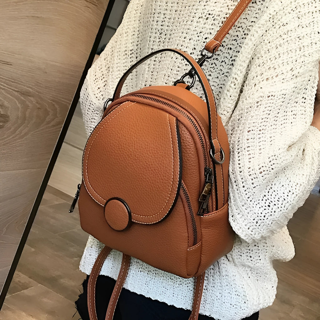 Fashion mini backpack in PU leather, compact 20x23x8 cm size, available in black and brown, with soft handle and zippered interior