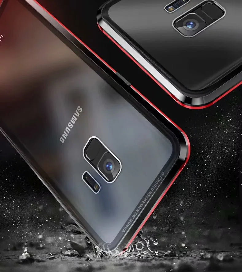 Black clamshell phone case with magnetic closure for Samsung Galaxy, showing anti-peeping screen.