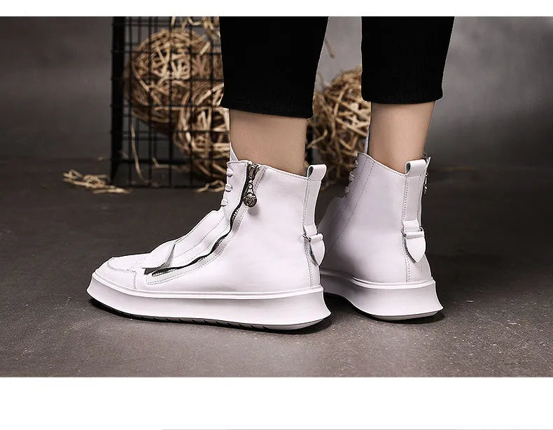 Men's black PU leather ankle boot with high-top sneaker design on a white background