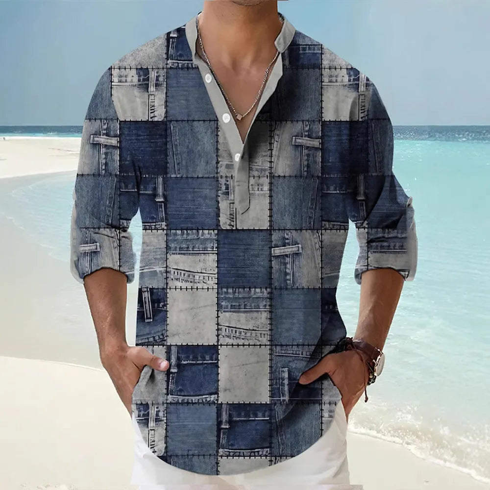 Thin striped Hawaiian long sleeve shirt in cardigan style with lilac and blue colour options