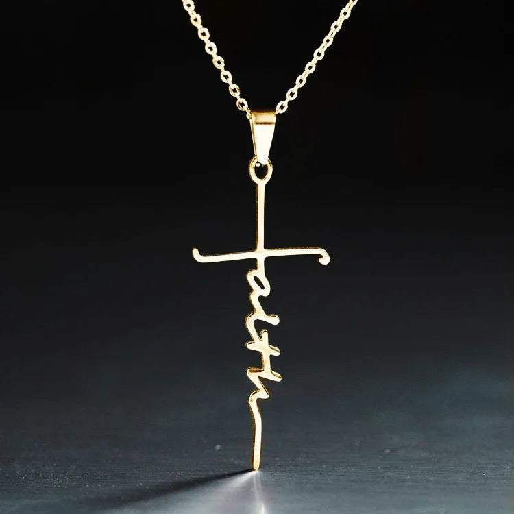Titanium steel faith necklace with 4.5cm pendant on 45cm chain with extension in steel colour
