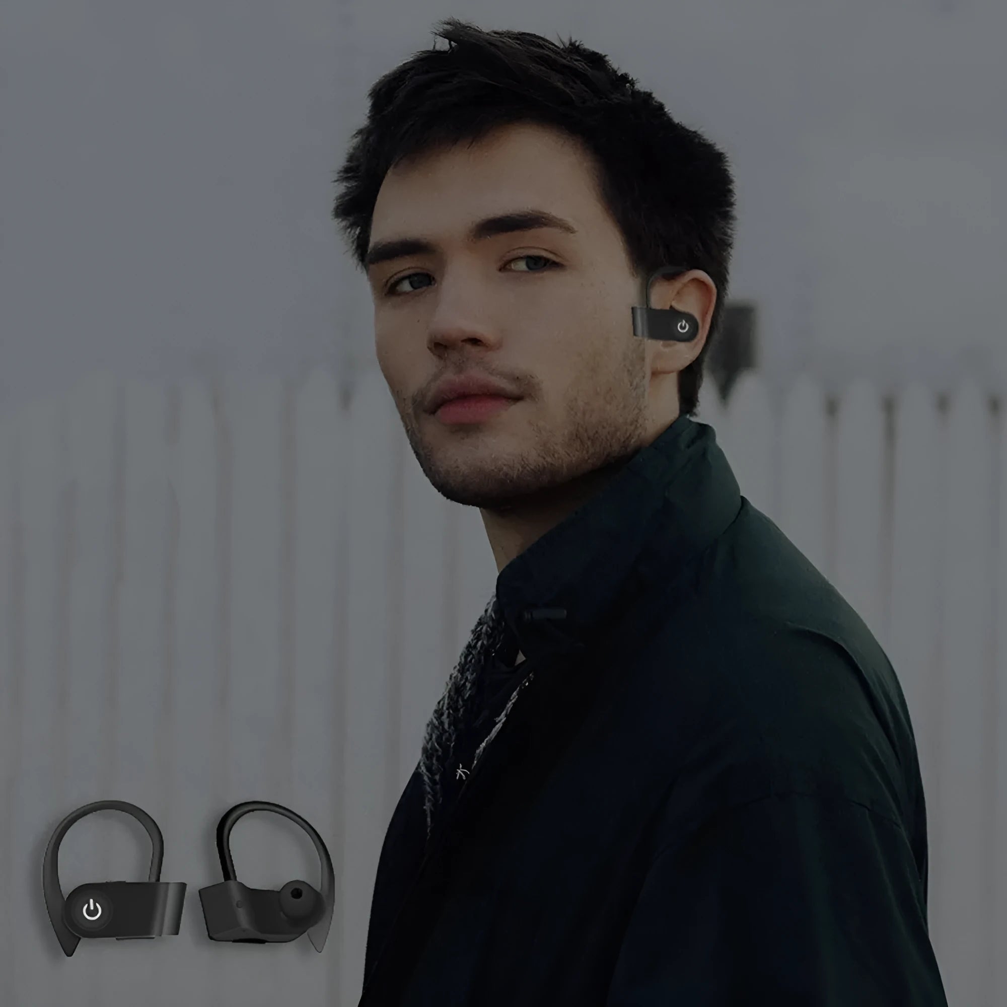 Wireless V5.0 Bluetooth in-ear headphones in black, grey, and red colours showing ergonomic design.