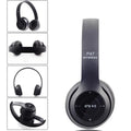 Head-mounted wireless Bluetooth headset in black with foldable design and ear cushions