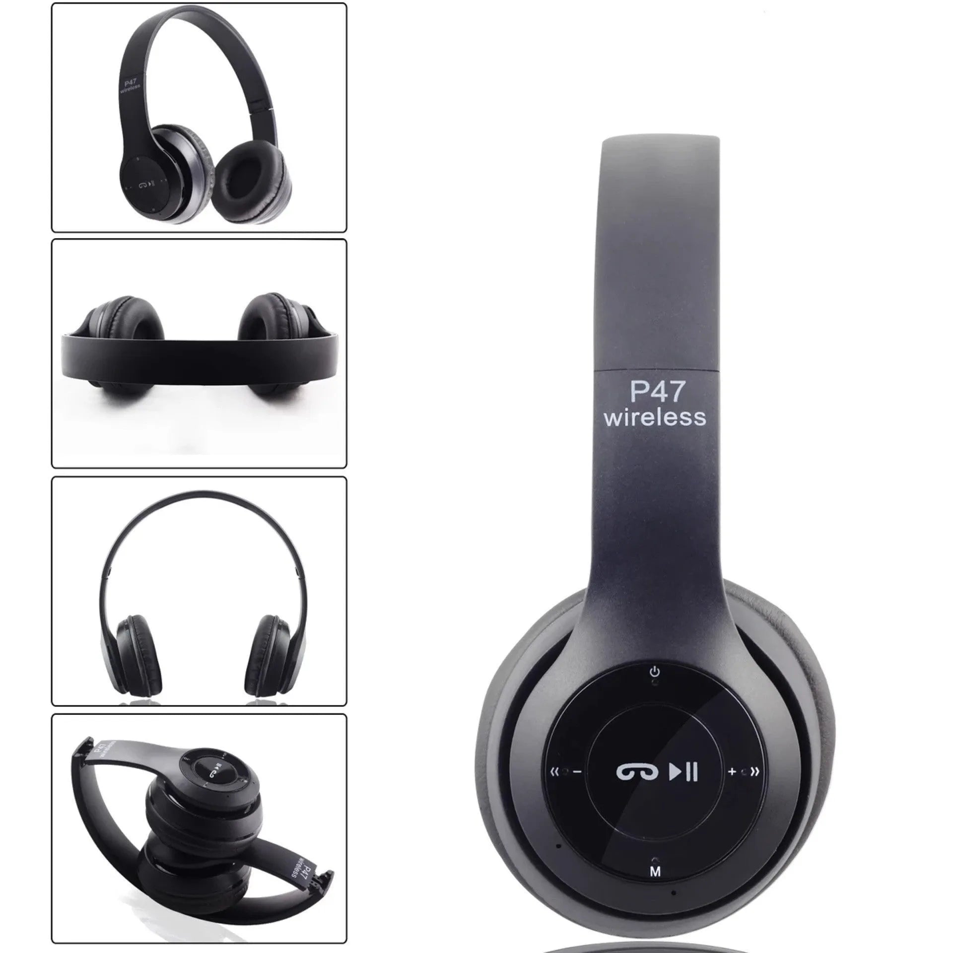 Head-mounted wireless Bluetooth headset in black with foldable design and ear cushions