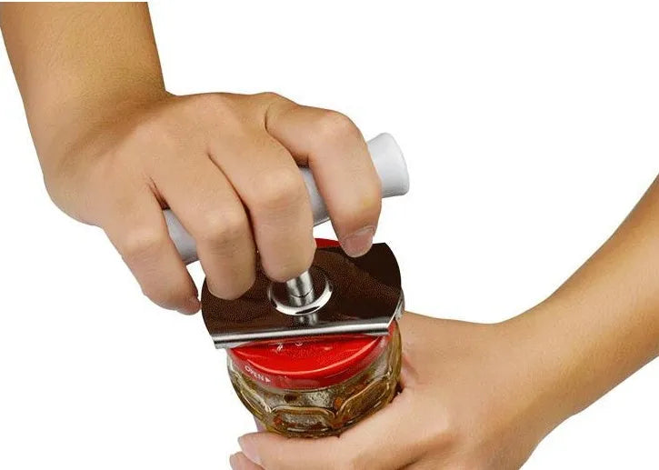 White adjustable stainless steel bottle opener with PP handle showing gear mechanism