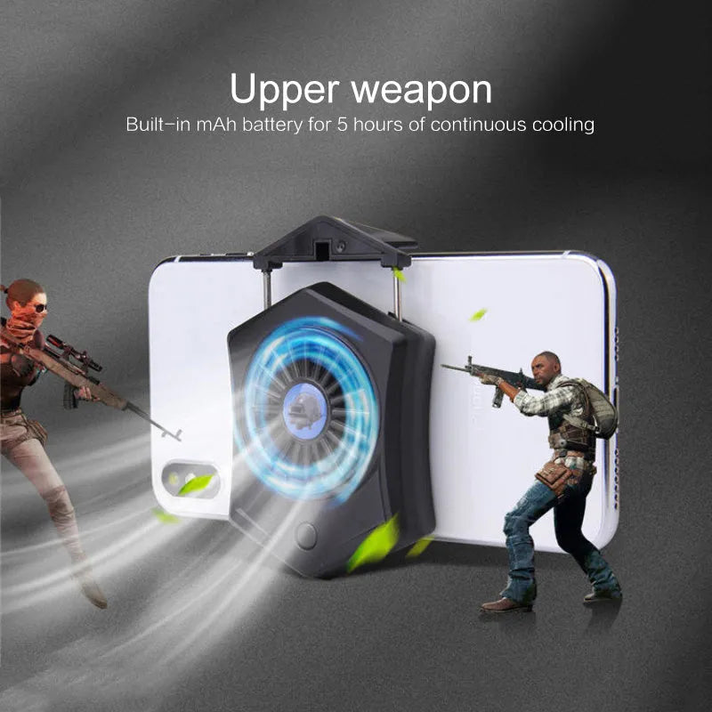 Black and white mobile phone radiator with USB interface and cooling fan for gaming smartphones