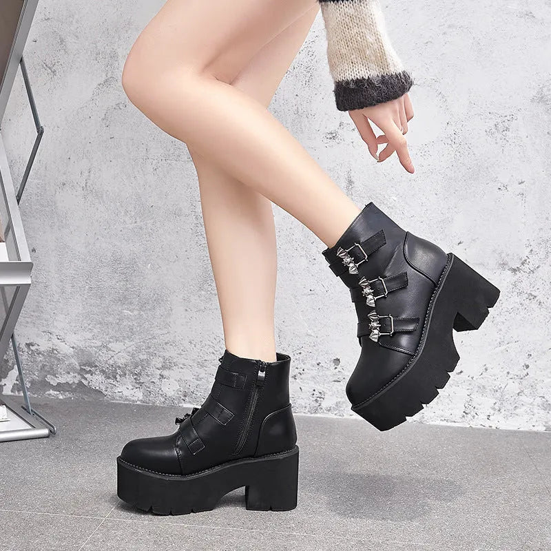 Black women's punk bat buckle gothic ankle boots with side zipper and thick heel
