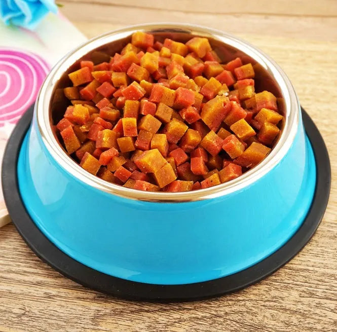 Stainless steel and colourful melamine pet bowl with non-slip rubber ring base in pink, green, red, blue, orange, yellow.
