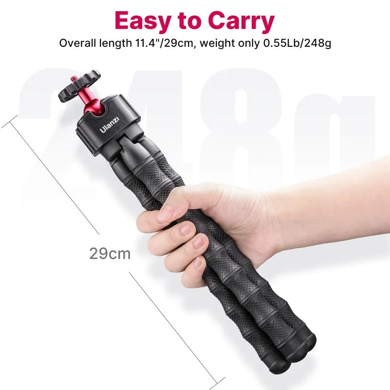 Compact aluminium tripod in folded and extended positions for smartphone vlogging.