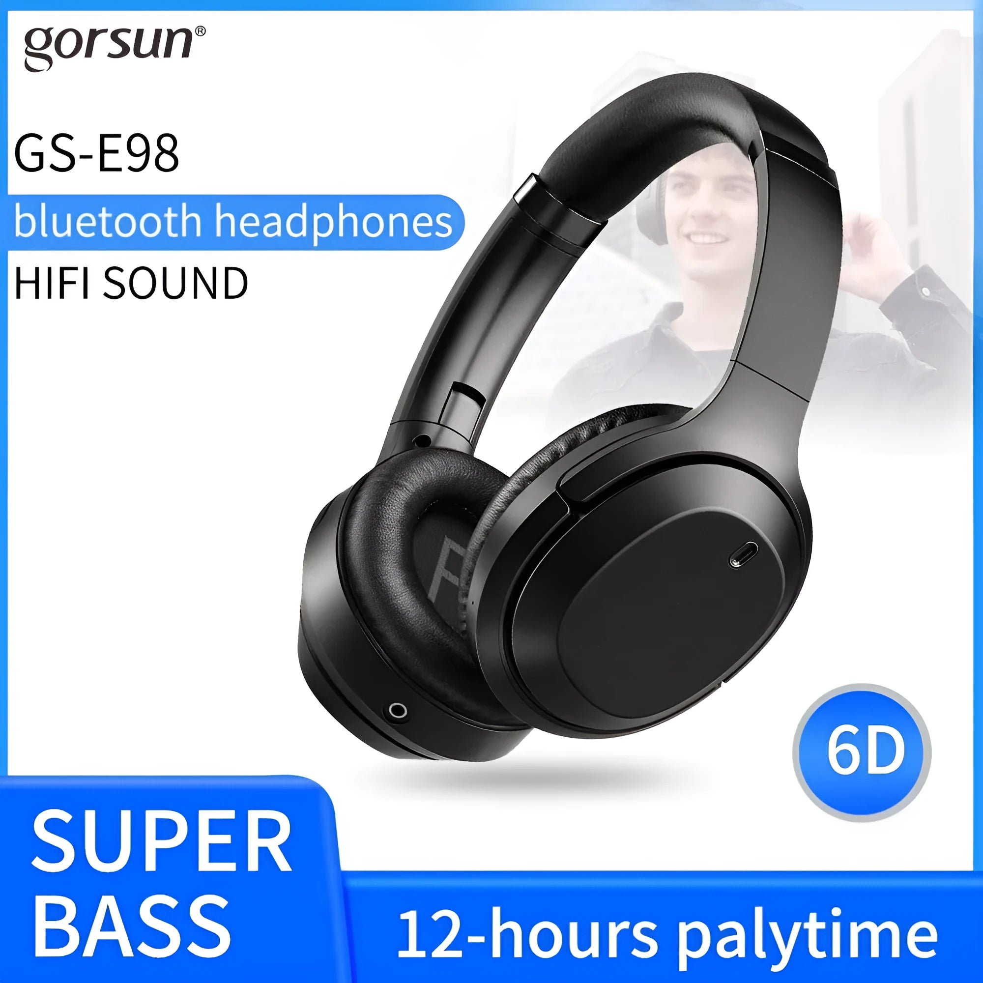 Black Gorsun E98 over-ear Bluetooth headphones with adjustable headband and memory-protein ear cushions