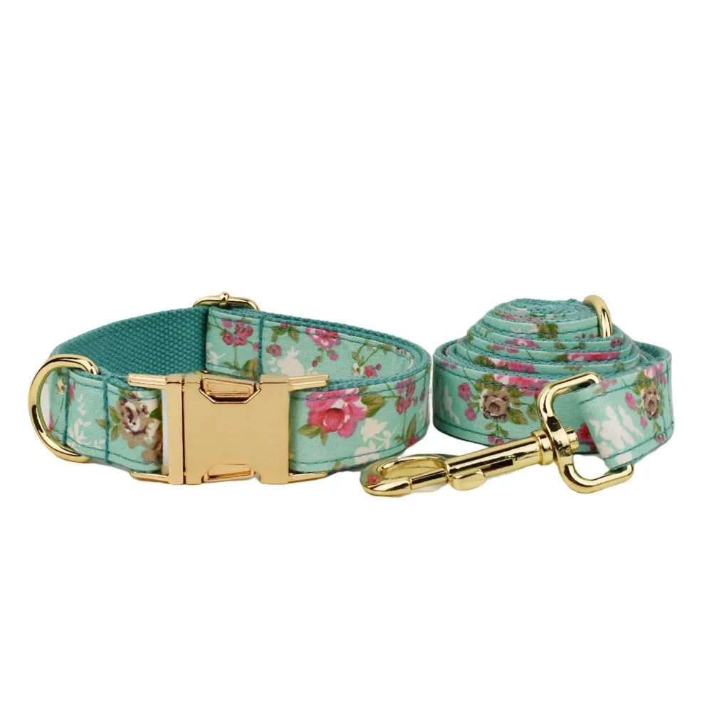Rose patterned fabric dog collar set with green background and detachable bow accessory