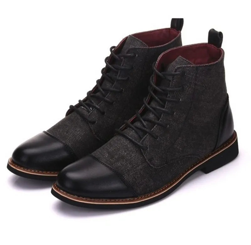 Men's large leather motorcycle boots with belt buckles in black, blue, grey, or khaki.