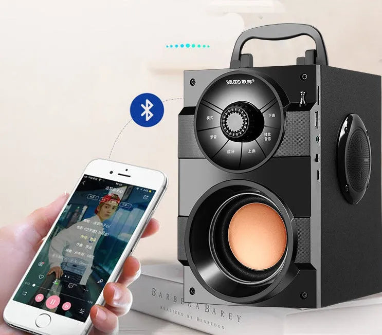 Black portable audio system with subwoofer and satellite speakers featuring 3.5mm connection