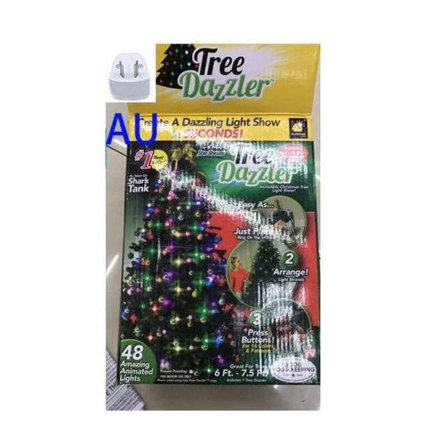 64 LED Christmas tree light string stretched out showing its 1.8 metre length and button control for dimming and colours.