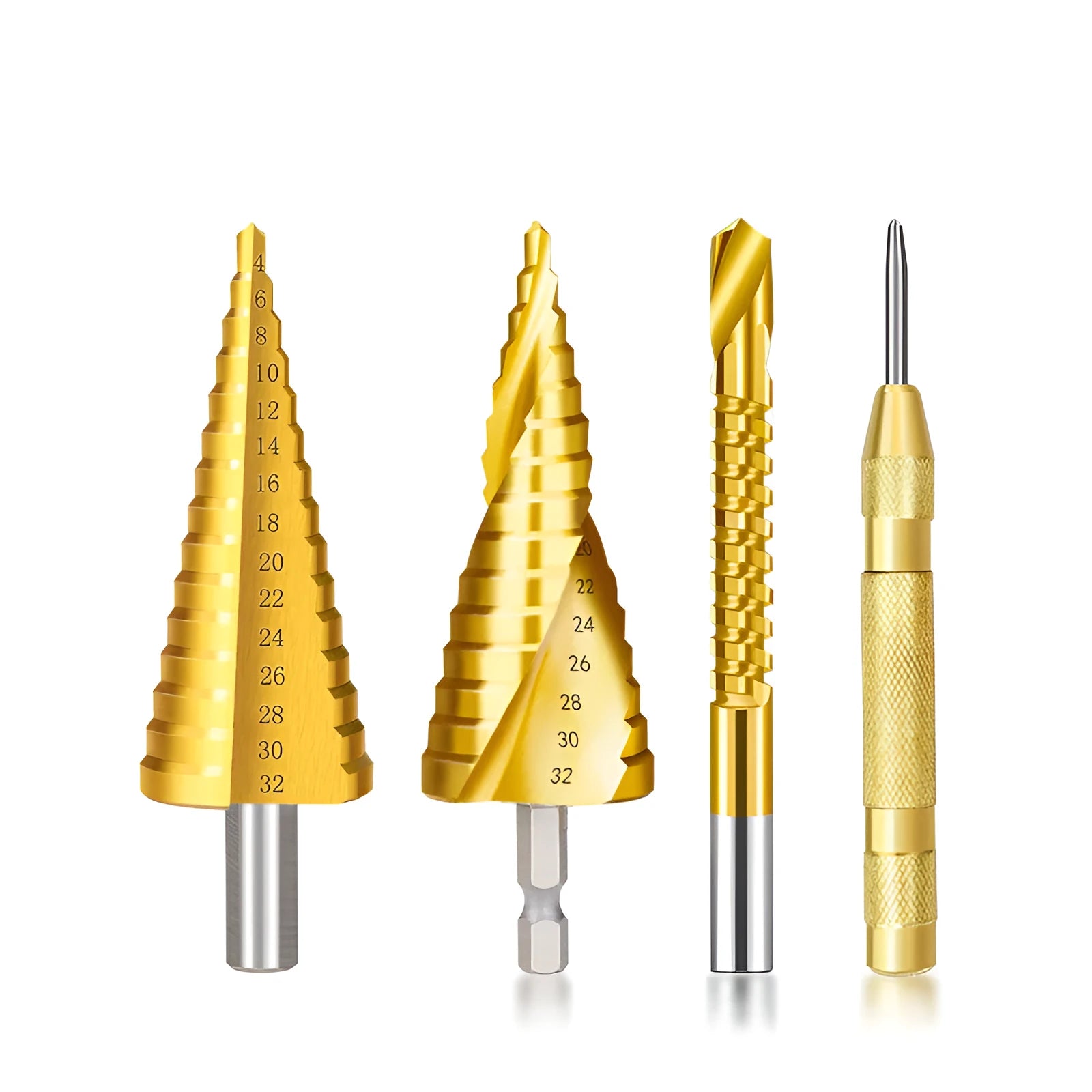 High speed steel step drill bits and centre punch set for metal drilling applications