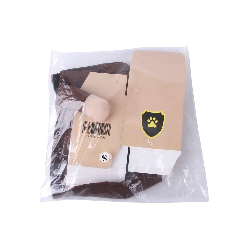 Coffee-coloured polyester dog costume designed as a courier standing outfit for funny pet outings.