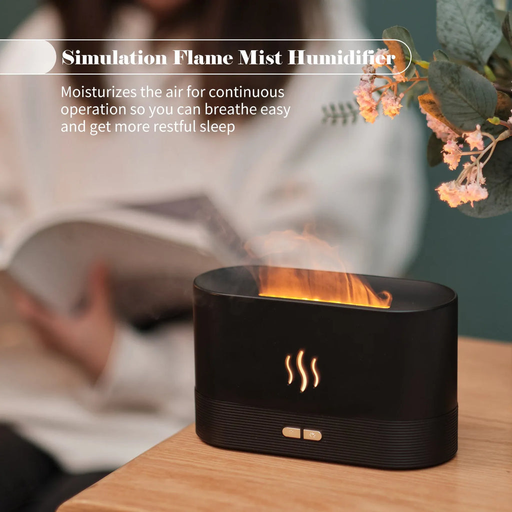 Black square ultrasonic aroma diffuser with flame light effect and mist output