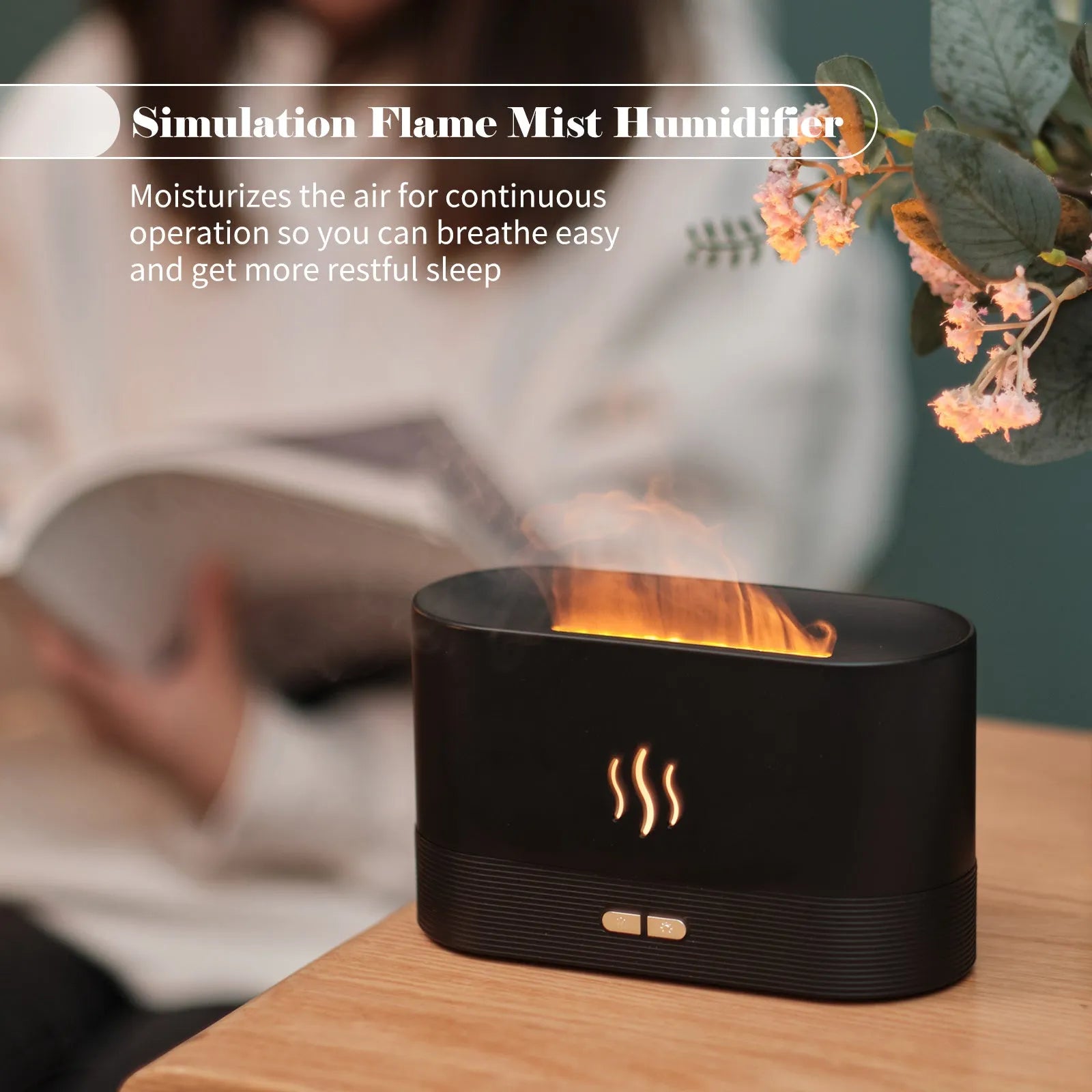 Black square ultrasonic aroma diffuser with flame light effect and mist output