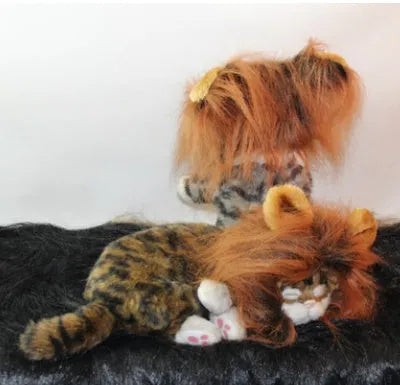 Small dog wearing a funny lion mane pet hat in brown colour, showing ears and head cap
