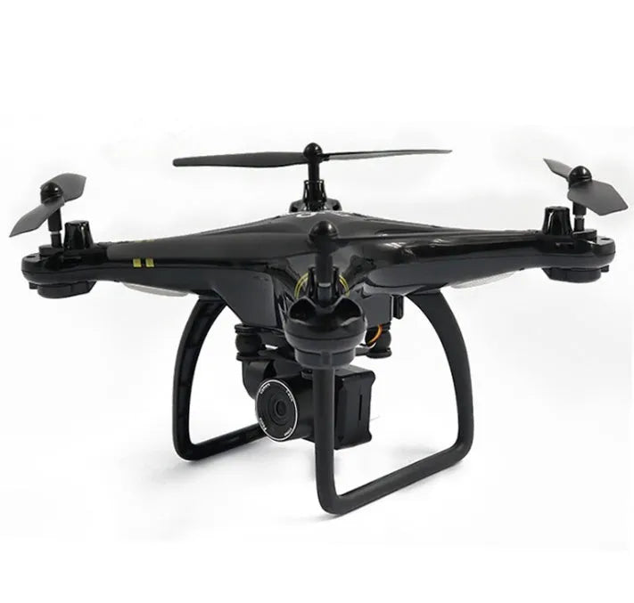 Black 5G GPS quadcopter drone with HD camera and fence guards on a flat surface