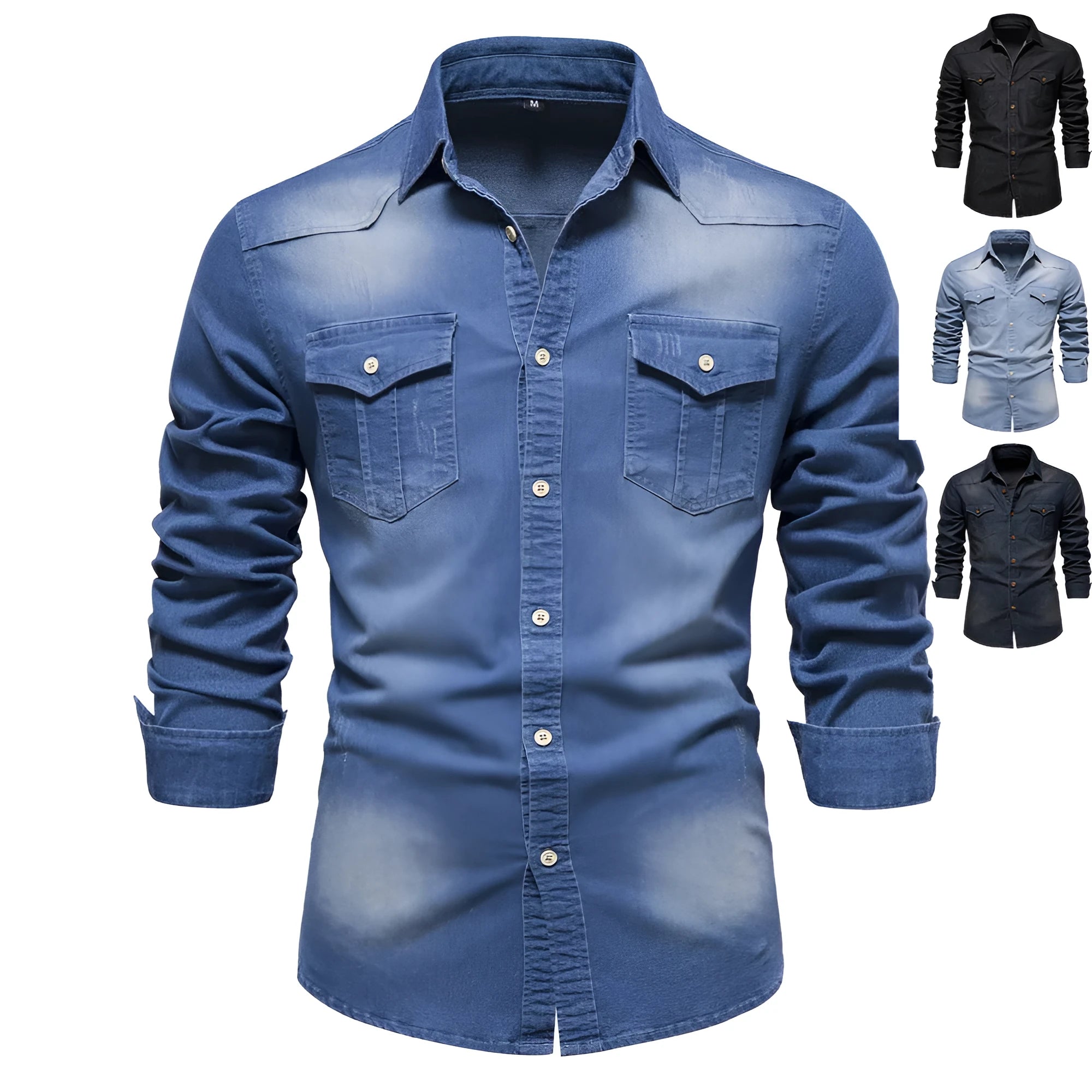 Men's slim fit long sleeve cotton denim shirt in a solid colour on a hanger