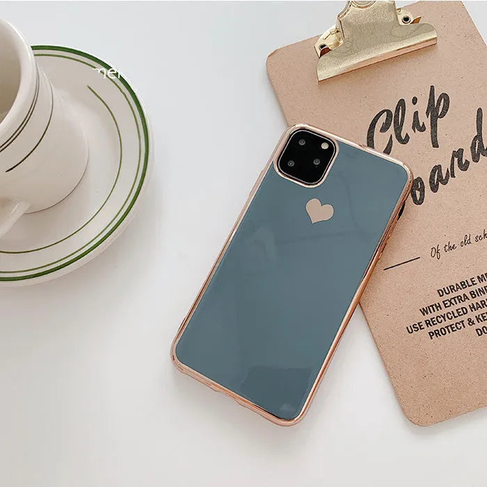 Solid colour TPU luxury plating love phone case for iPhone in blue, shown on a phone.