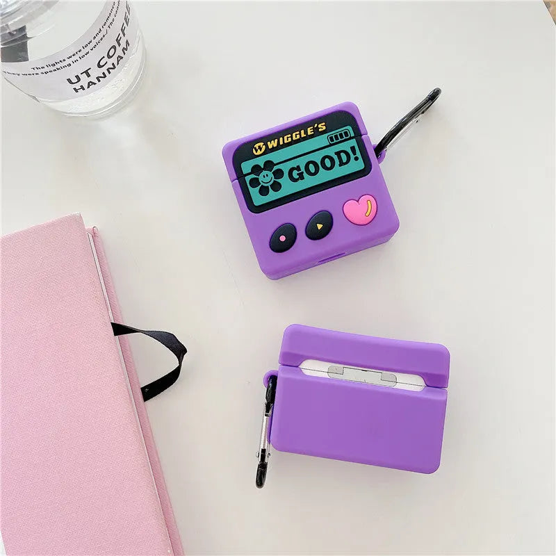 Purple retro silicone back cover case for AirPods 1 2 and Pro 3 with hook attached