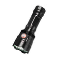 Black aluminium alloy XHP90 LED tactical flashlight showing head and body details.