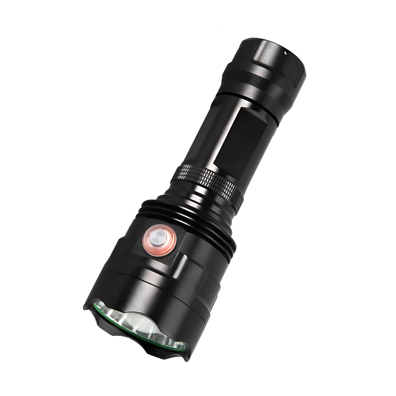 Black aluminium alloy XHP90 LED tactical flashlight showing head and body details.