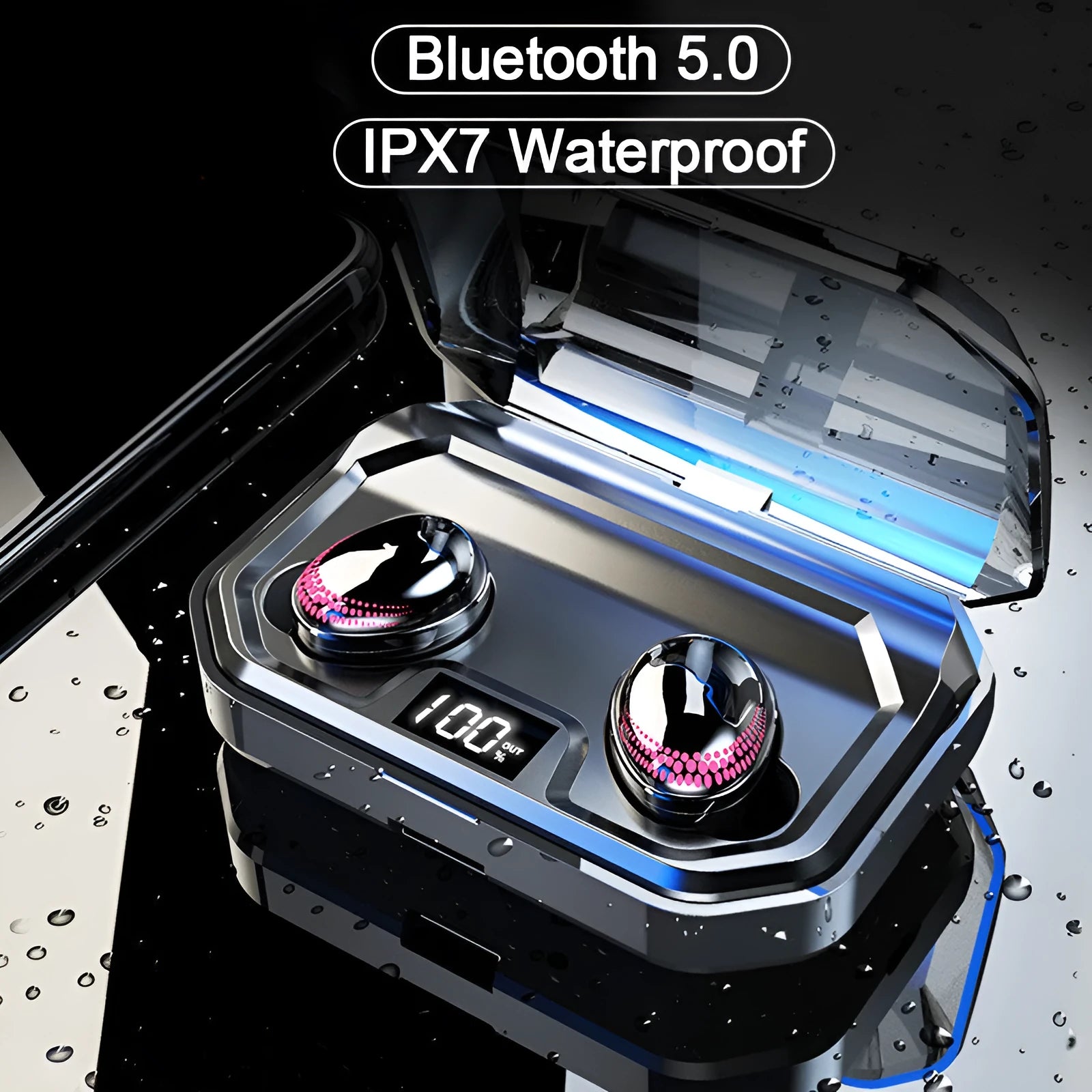 Black X10 Bluetooth wireless earbuds and compact rectangular charging case on a white background.