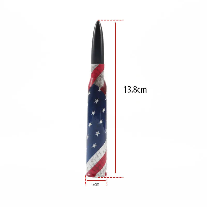 14cm bullet car antenna shown in camouflage green, black, and American flag colour options.